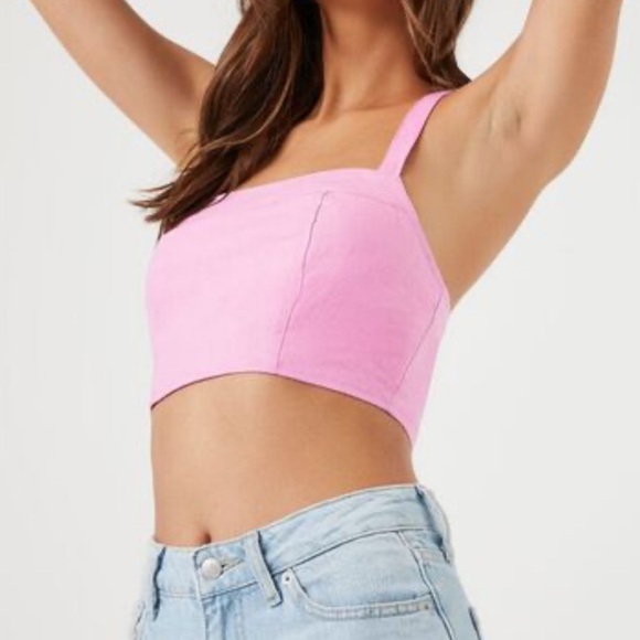 NWOT-Forever 21 Smocked Pink Tie-Back Crop Top Size Large - Picture 1 of 16